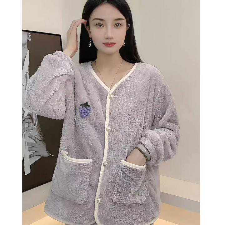 【粉丝福利】长毛绒女士时尚V领秋冬季睡衣可外穿家居服套装