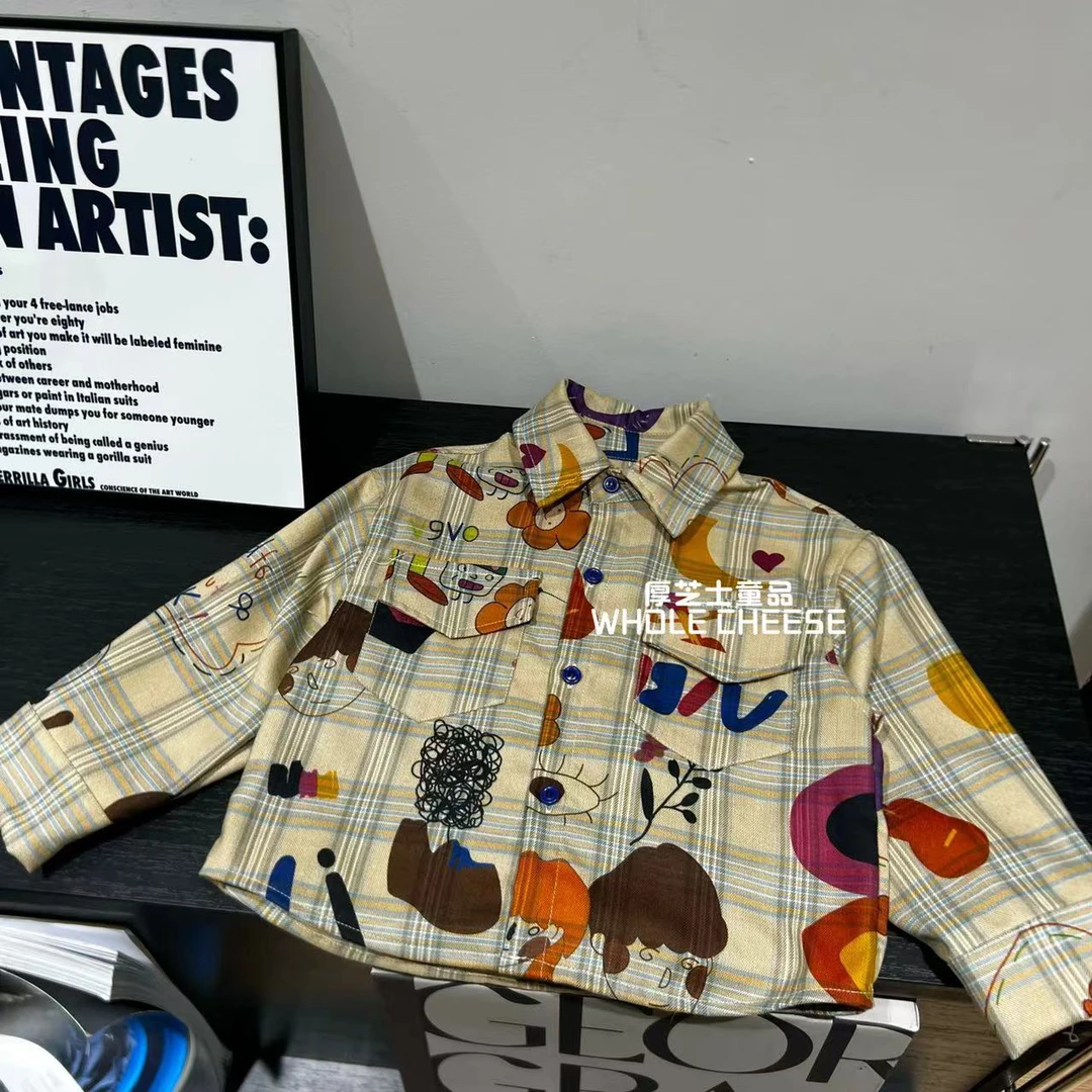 【秋日梦想家】秋款新款涂鸦手绘格子显白衬衫洋气韩版宽松男女童