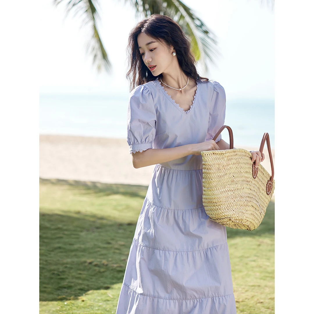 【相遇法式】茵曼气质连衣裙女士纯棉花边V领短袖A字优雅浪漫长裙