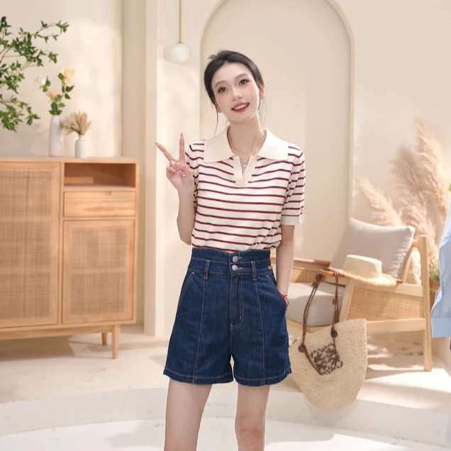 茵曼百搭时尚休闲女条横翻领短袖针织夏季新宽松显瘦休闲薄款上衣