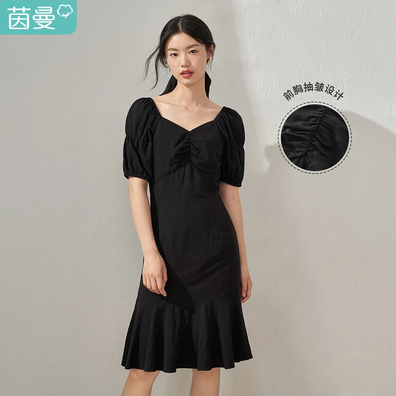 【商场同款】茵曼法式方领连衣裙女士通勤气质简约小黑裙18225548