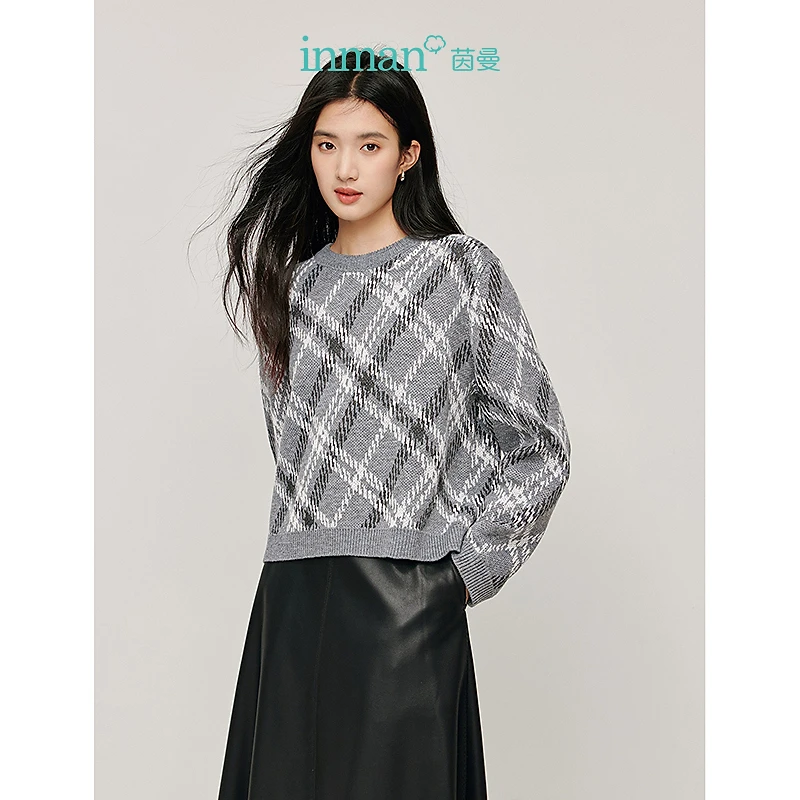 【商场同款】秋季亮丝格纹毛衣女时尚休闲百搭圆领套头针织上衣