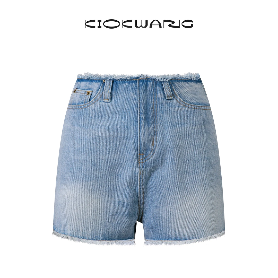 KIOKWANG//浅蓝色水洗毛边高腰A字牛仔短裤女装百搭