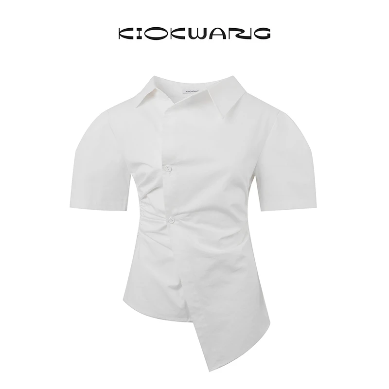 KIOKWANG//小众设计不规则纽扣褶皱修身翻领垫肩衬衫