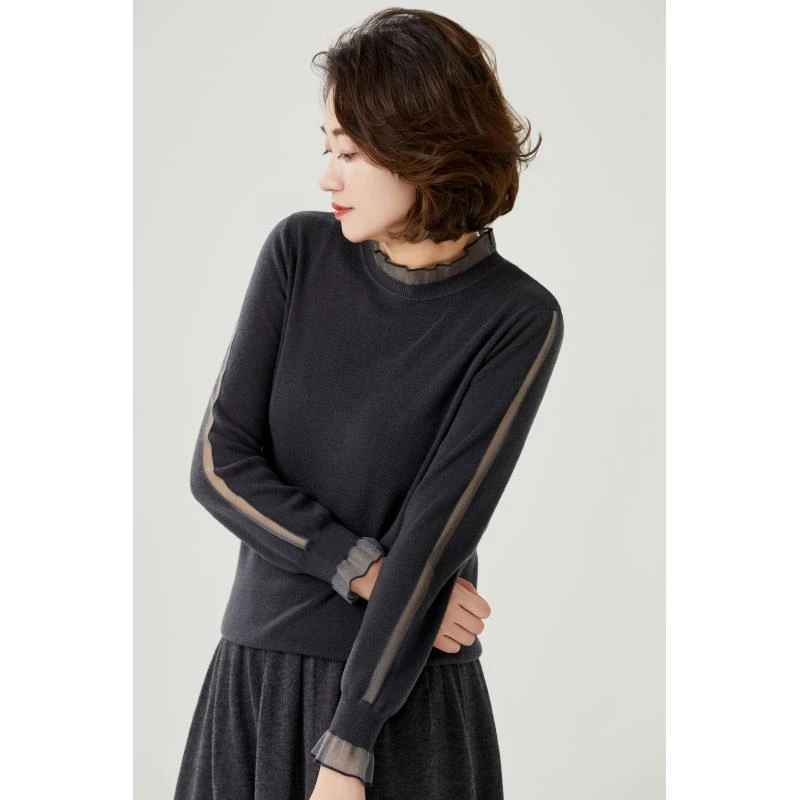 【阿美设计】长袖针织衫女气质蕾丝设计感小众圆领打底上衣洋气时尚