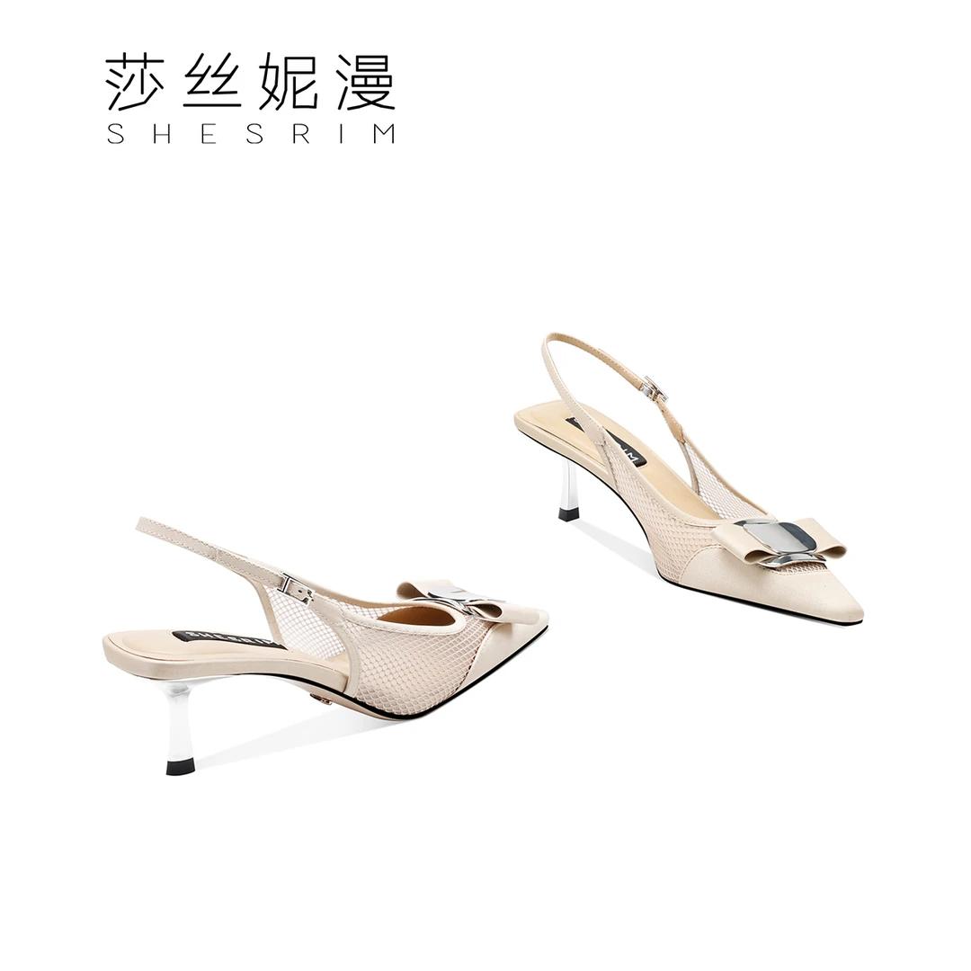 L31-2024春夏季上新气质凉鞋一字带网纱女士款黑色金属跟尖头