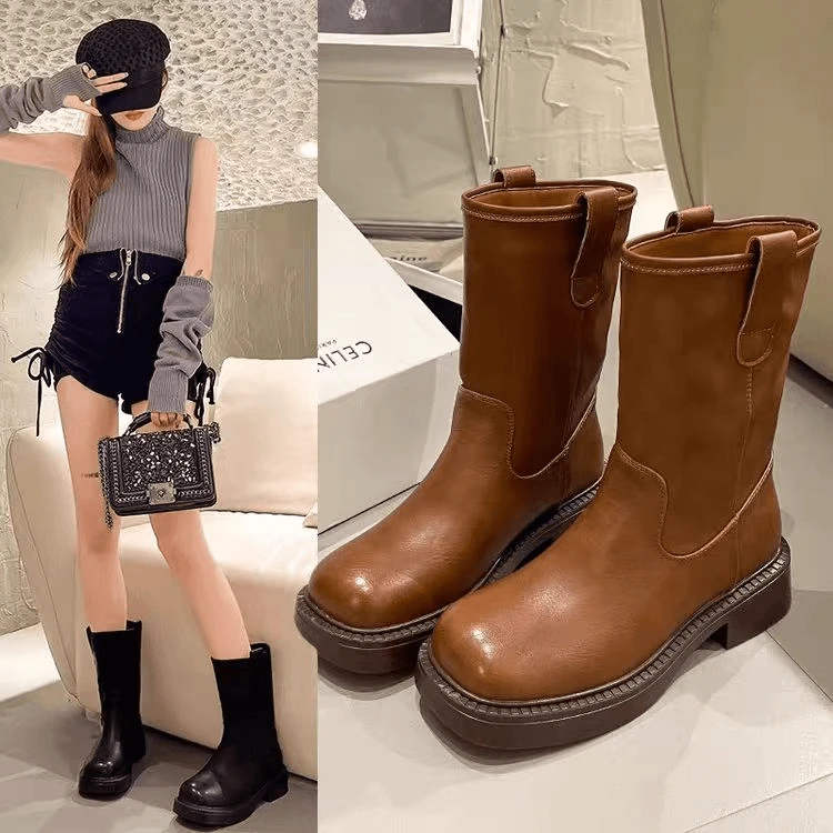 【新疆包邮】秋冬新款欧美骑士靴薄绒中筒靴9010-1