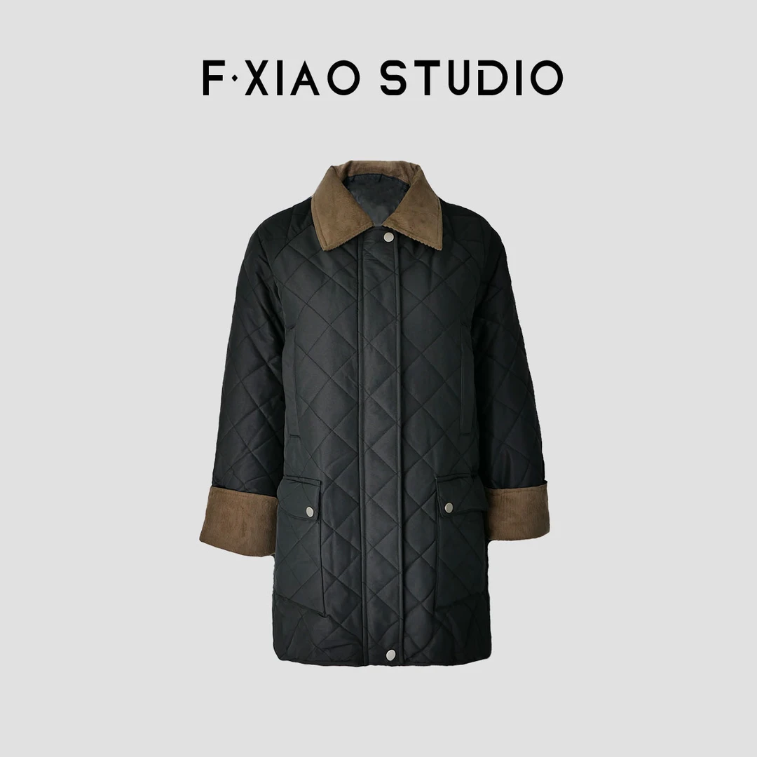 F·XIAO新款灯芯绒领撞色翻领菱格纹宽松洋气外套