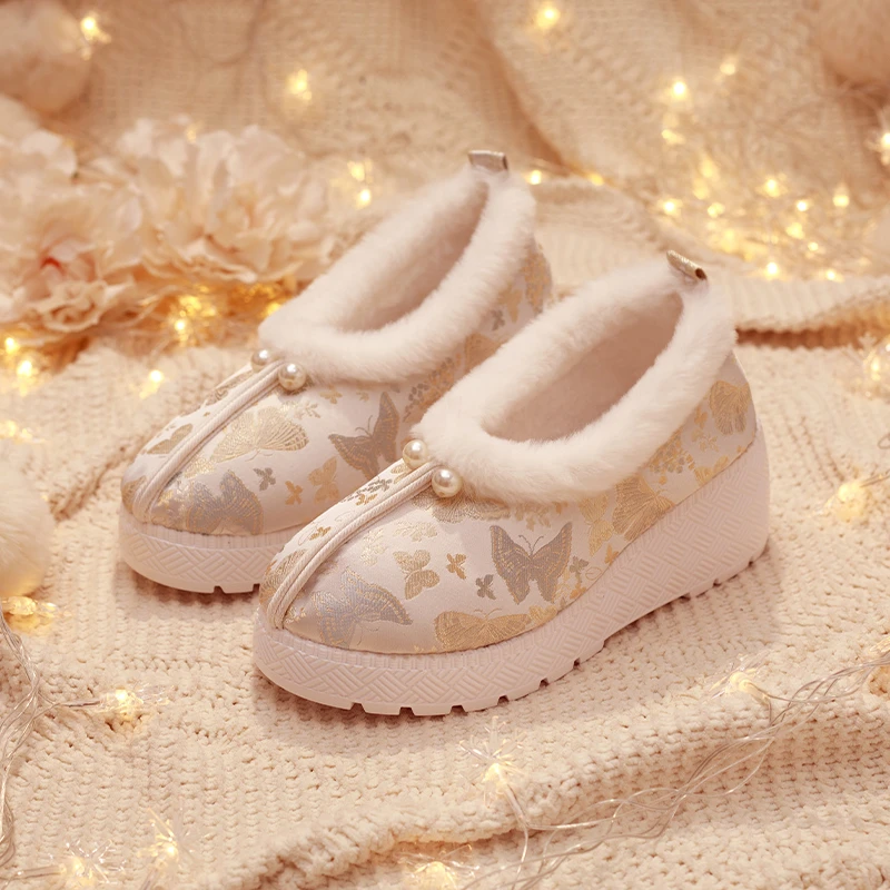 冬季加绒汉服绣花鞋气质优雅百搭新中式中国风加棉老北京布鞋女