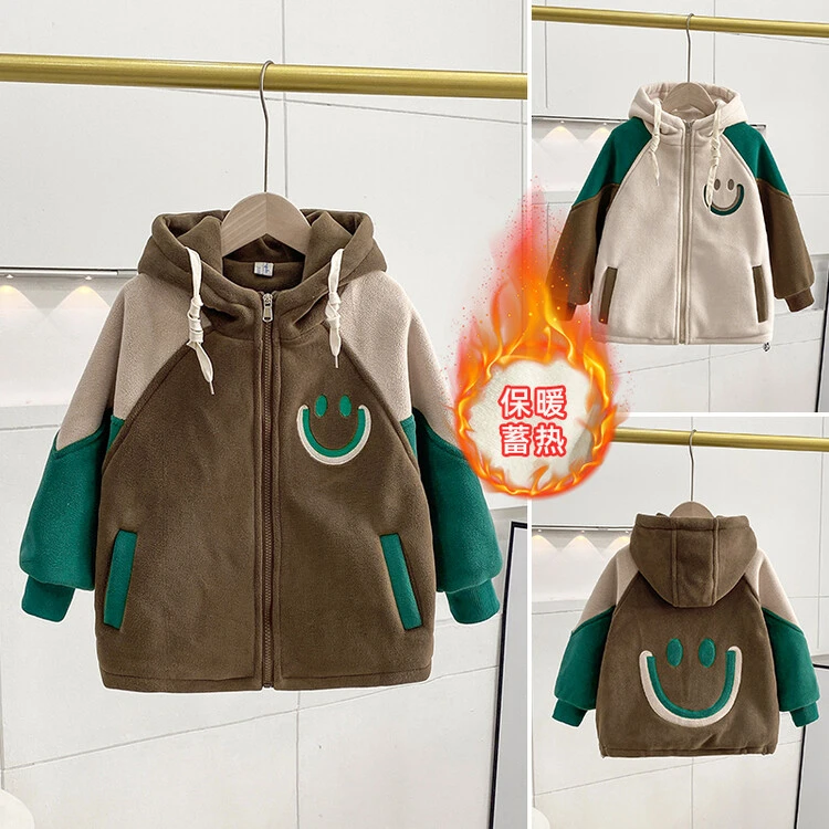 男童秋冬加绒外套笑脸新款韩版冬装毛毛衣服中小童加绒外衣帅气潮