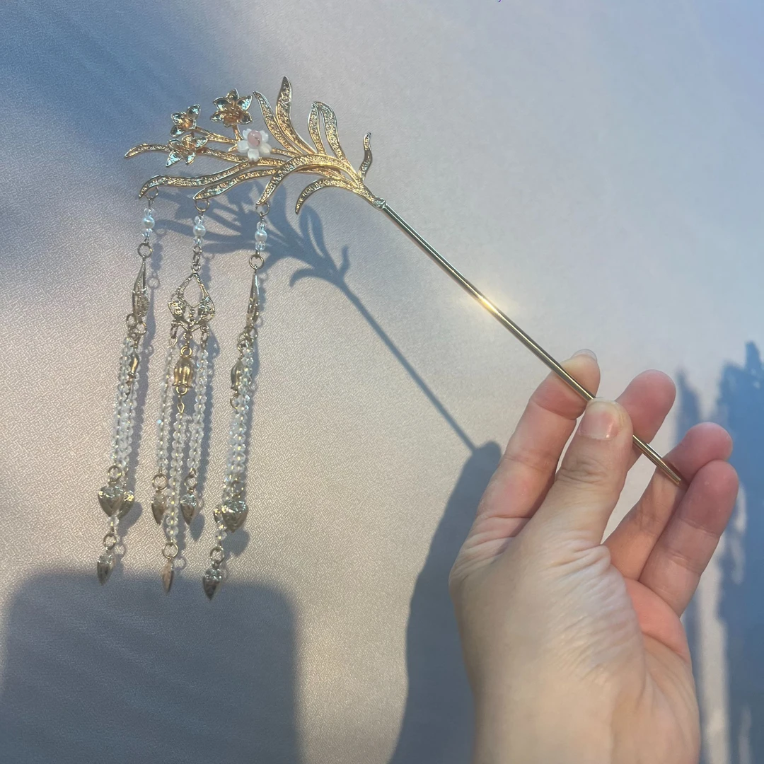 原创古风汉服发饰（水仙兰）超长盘发簪 百搭日常短流苏头饰