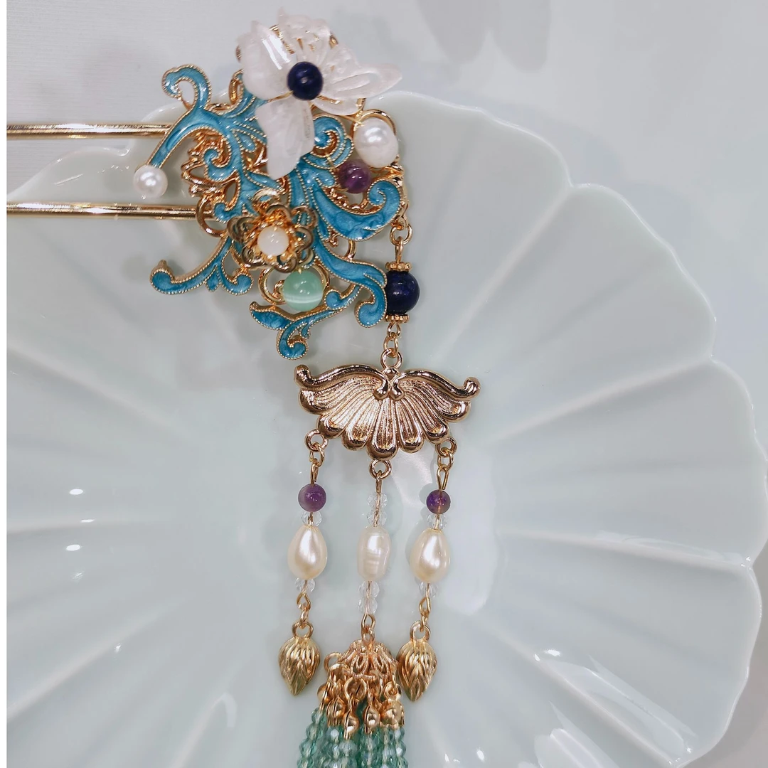 古悦倾城（青鸢）古风汉服发饰绿色长流苏发簪