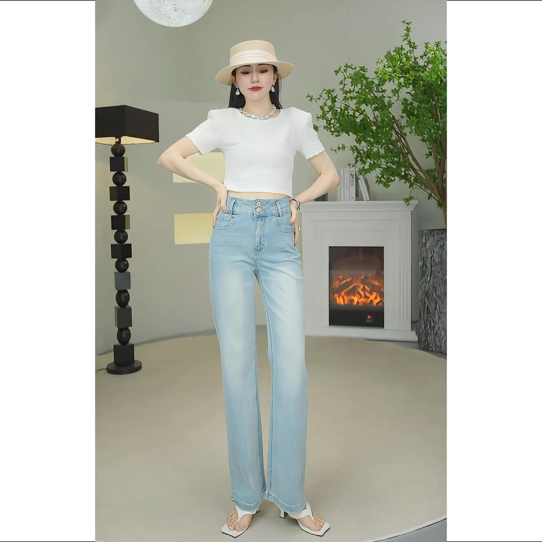 衣品库2024夏季新款复古休闲通勤款百搭高腰显瘦直筒阔腿牛仔裤女