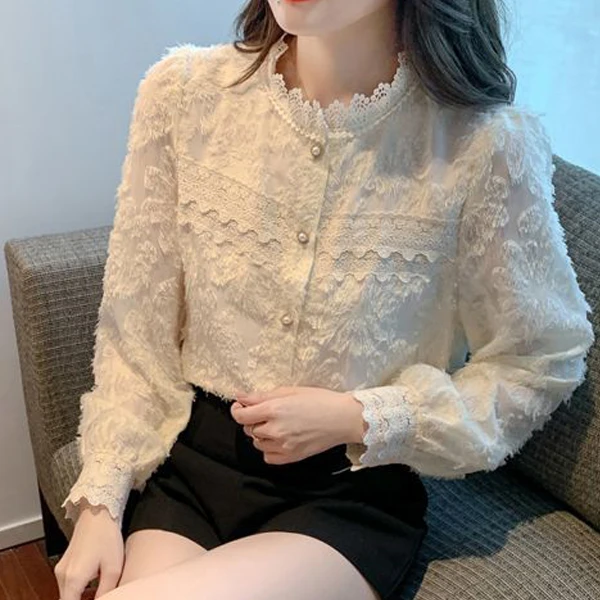 薄款带内衬韩版长袖2024春季立领蕾丝打底衫衬衫内搭小衫女