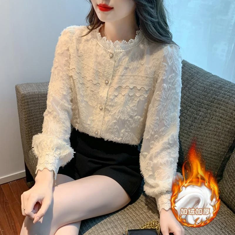 加绒加厚2025韩版立领蕾丝打底衫洋气上衣超仙独特的衬衫女A2031