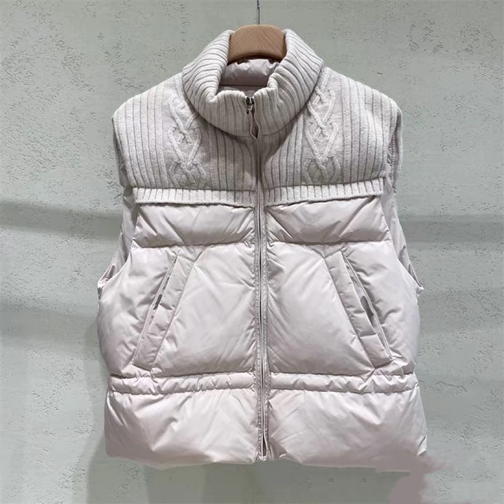 冬季保暖针织领拼接可抽绳时尚立领鹅绒马甲洋气叠穿 AW23605