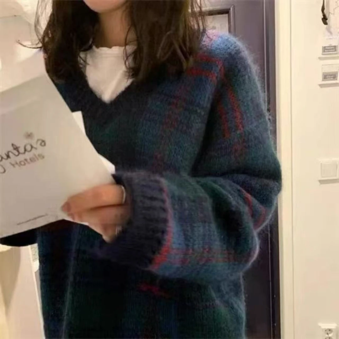 AW241186 the barnnet圣诞季V领复古格纹学院风针织毛衣