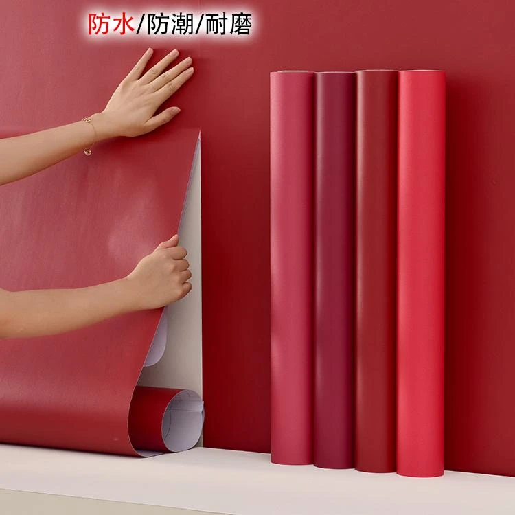 红色墙纸自粘防水贴纸背景墙中国红暗红色深红色壁纸自带胶中国风