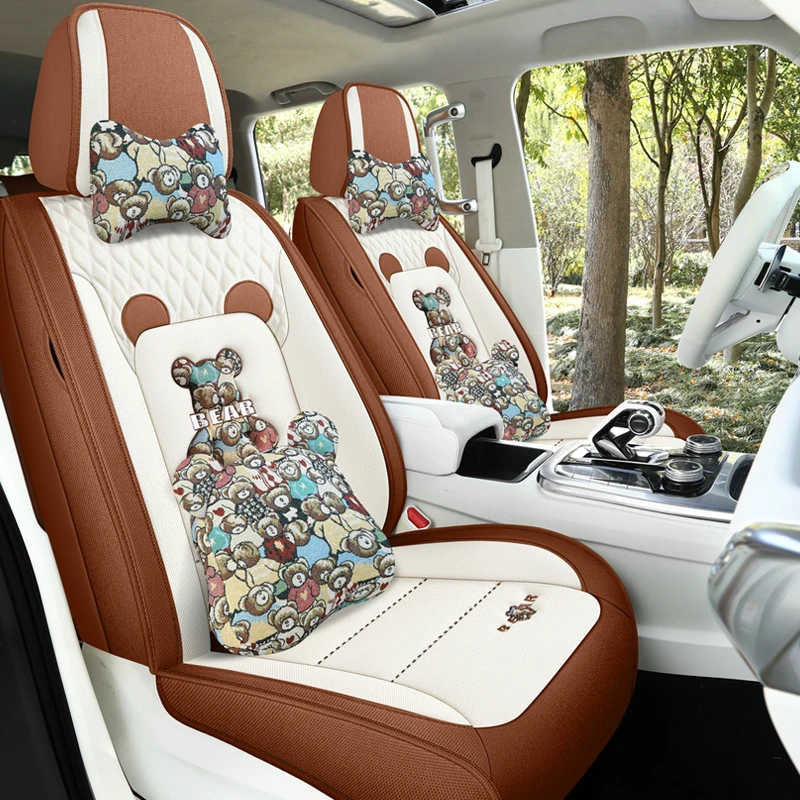 可爱全包卡通布丁熊亚麻汽车坐垫四季款五座通用棉麻清爽车朋堂