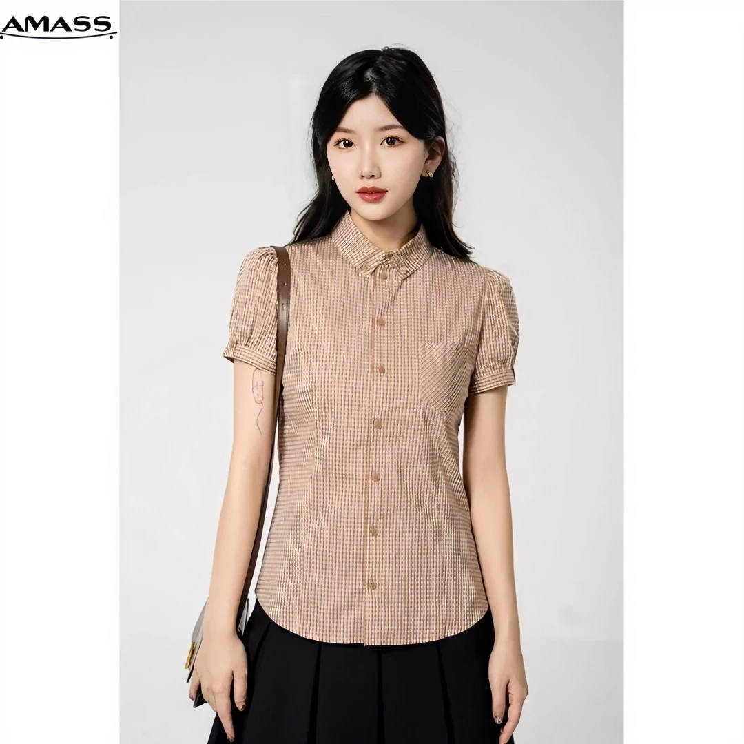 AMASS/阿玛施风感波粒公主袖纯色收腰显瘦短袖衬衫女5300948