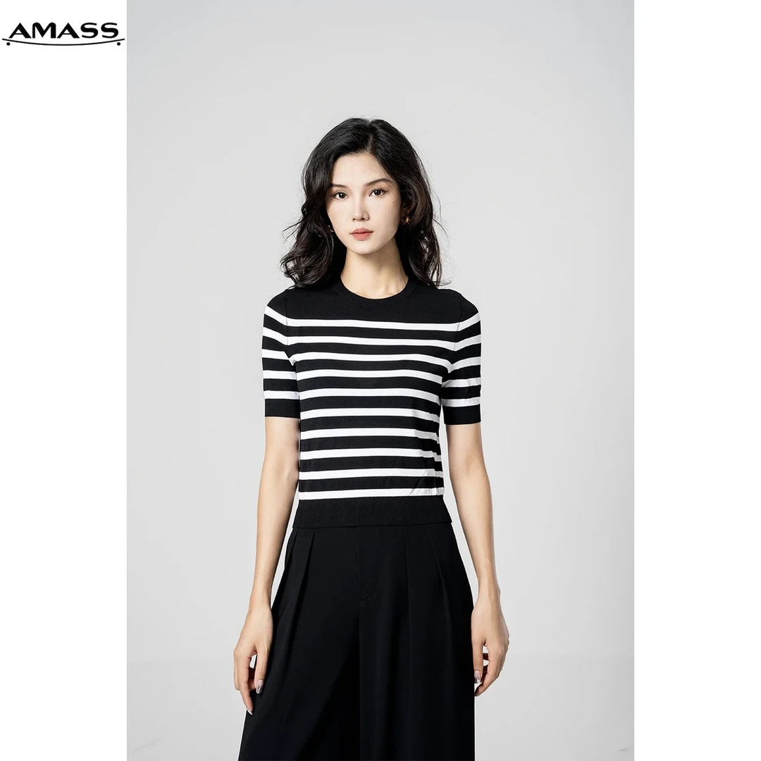 AMASS/阿玛施风感波粒百搭圆领条纹冰丝短袖显瘦T恤5399611
