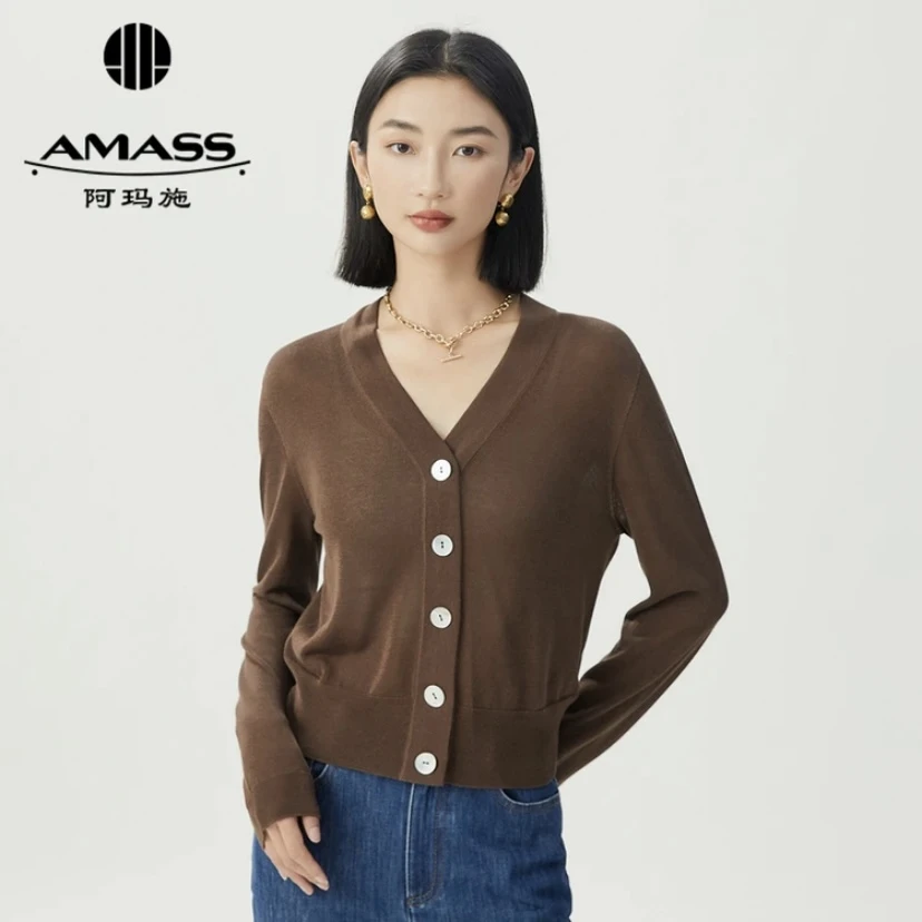 AMASS/阿玛施风感波粒气质百搭V领纯色冰丝长袖单排扣开衫5499132