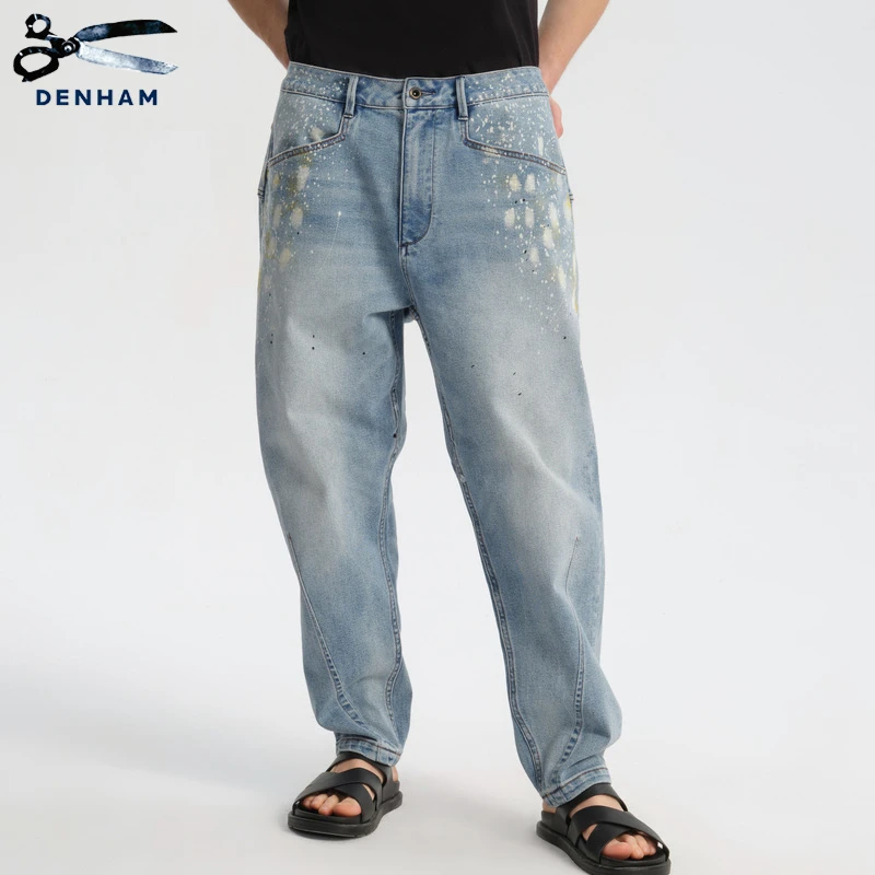 DENHAM男士复古水洗做旧浅蓝色宽松微锥剪刀潮流牛仔裤子WUXIA