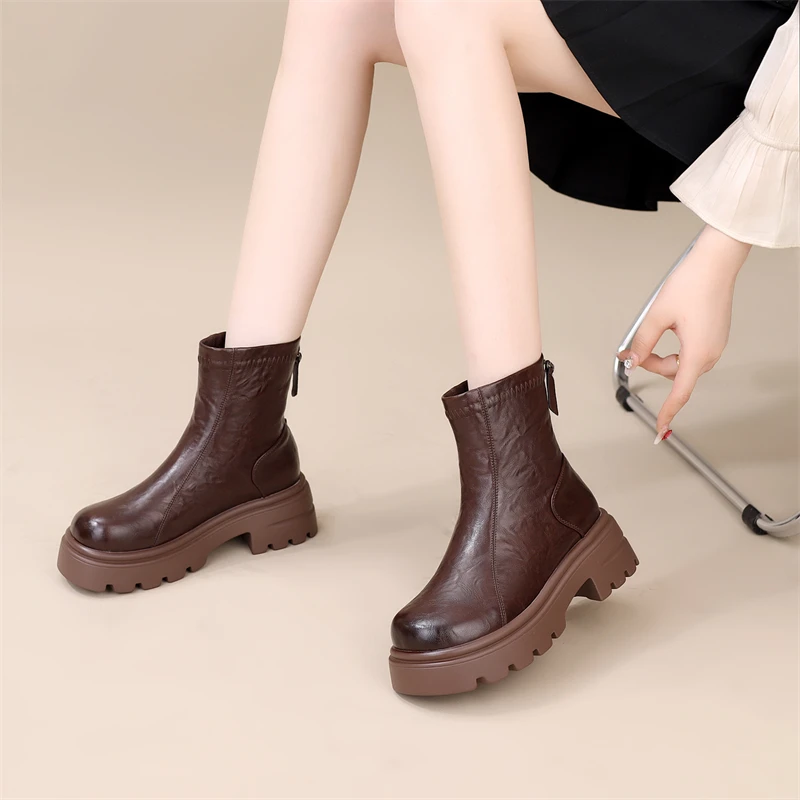 秋冬女鞋真皮瘦瘦靴粗跟厚底小个子显高英伦风马丁靴加绒切尔西靴