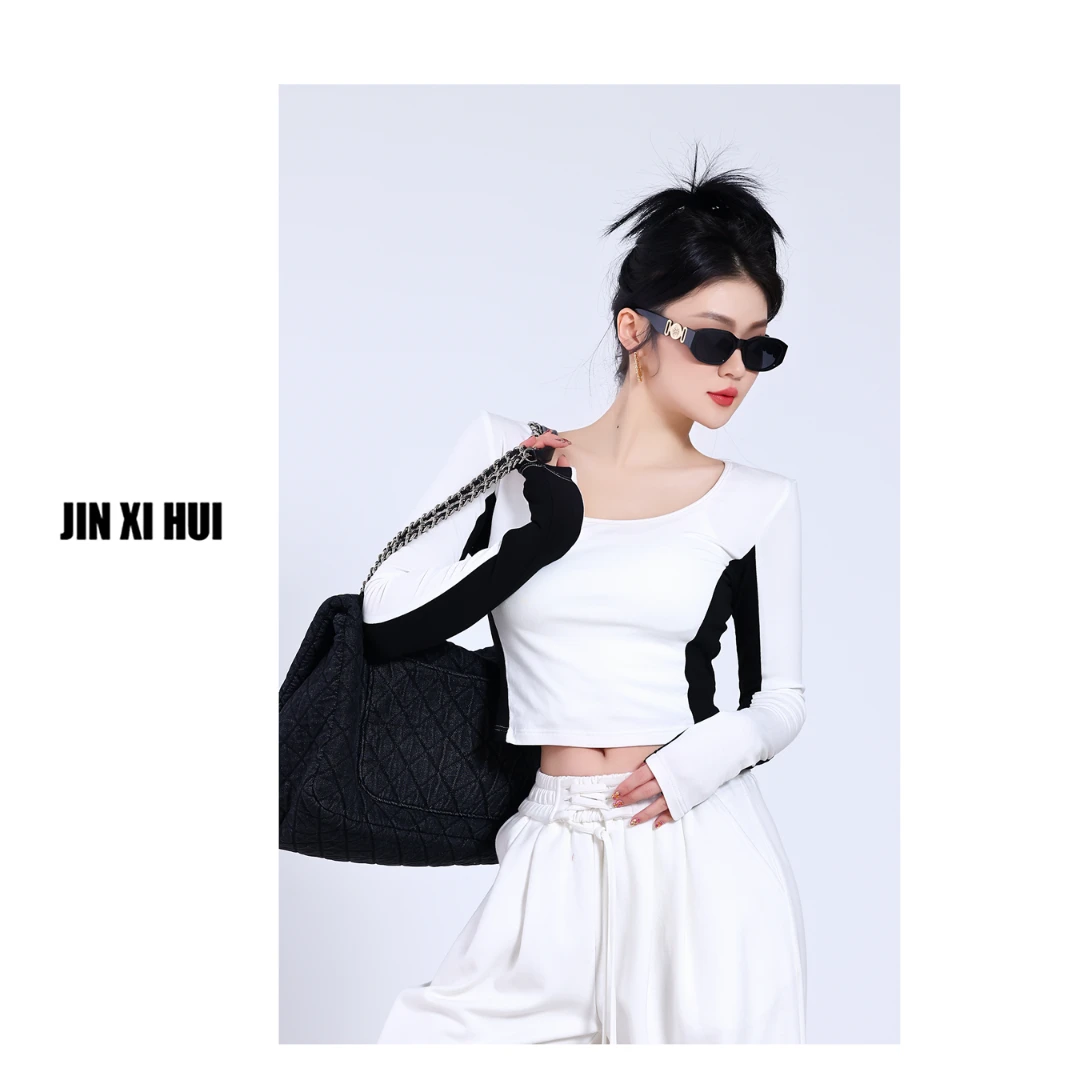 【HHUI CUSTOM】巴黎街道春季拼色修身时尚小众气质打底长袖打底衫