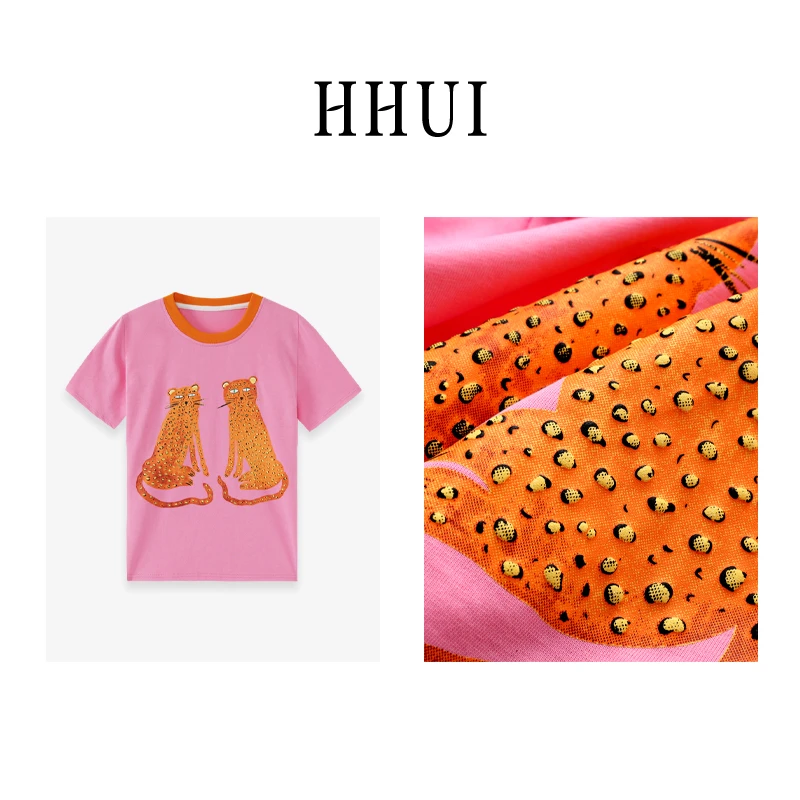 【HHUI CUSTOM】两只豹豹夏季粉色设计感卡通时尚百搭t恤上衣