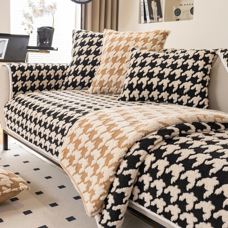 （千鸟格舒棉绒）3座加妃冬季加厚毛绒防滑真皮2025新款沙发垫