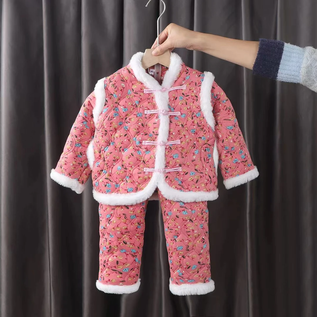 棉内胆儿童棉服保暖套装羽绒服外套女童棉衣拜年服秋冬加厚花棉袄