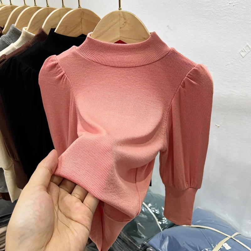Fnm儿童泡泡袖打底衫长袖女童2023春季新螺纹棉半高领中小童宝宝T