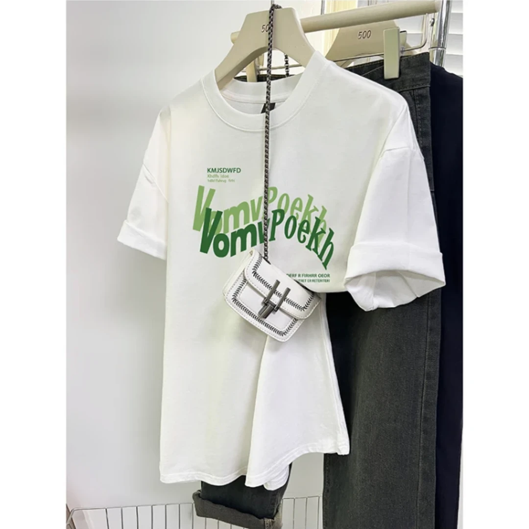 【陈伟霆同款】欧货短袖t恤女装夏季宽松大码纯棉中长款显瘦上衣i