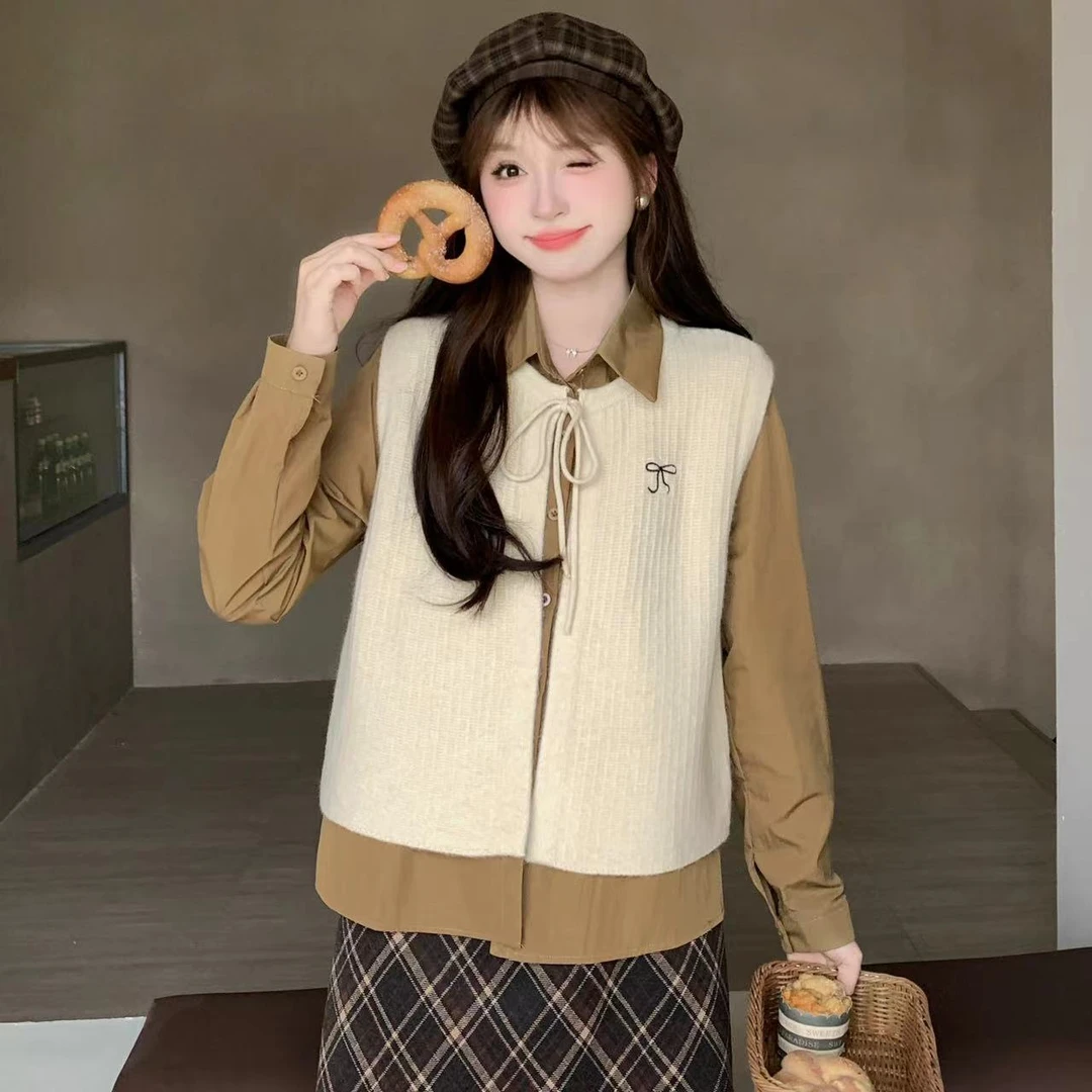 【拍下衬衫+马甲】蝴蝶结系带针织开衫搭配长袖衬衫两件套秋季新款