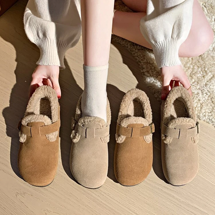 复古真皮卡扣勃肯保暖棉鞋2024秋冬一脚蹬软底防滑加绒时尚穆勒鞋