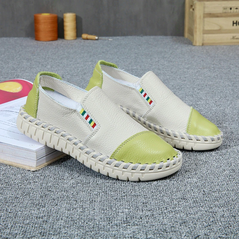 夏季头层牛皮女鞋豆豆鞋手工鞋软底跳舞百搭透气一脚蹬真皮小白鞋