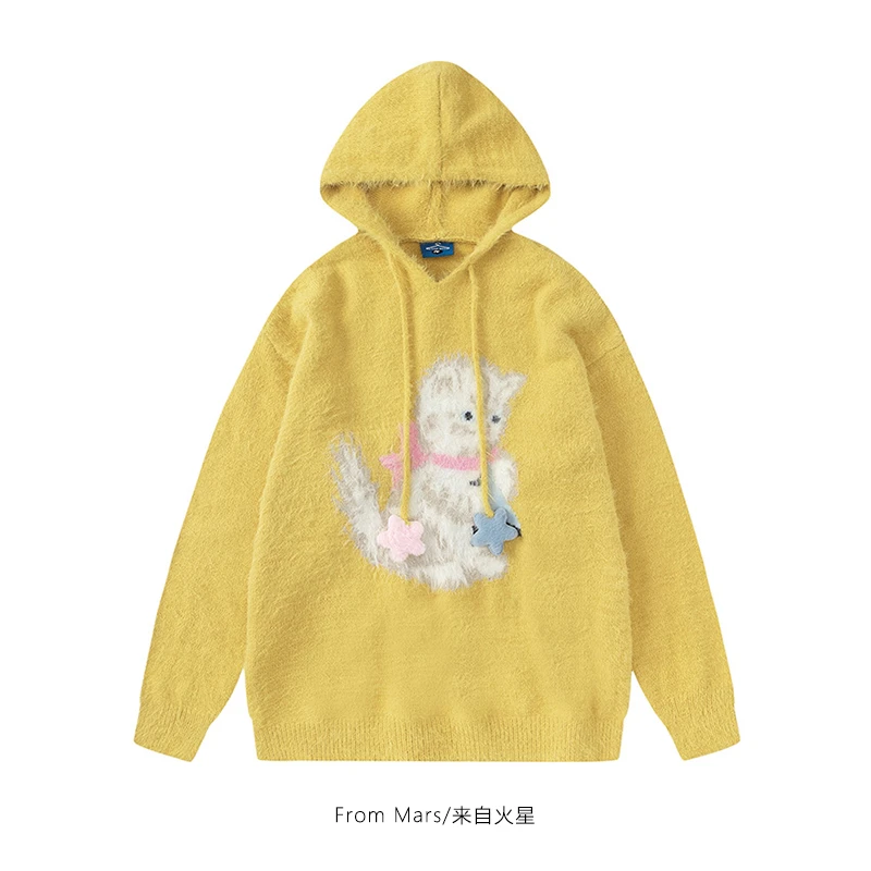 From Mars可怜兮兮的猫 日系复古猫咪提花连帽毛衣宽松情侣针织衫