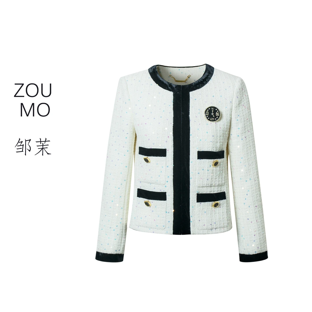 ZOUMO/邹茉“赫本挚爱”黑白经典名媛贵气圆领粗花呢小香风长袖外套