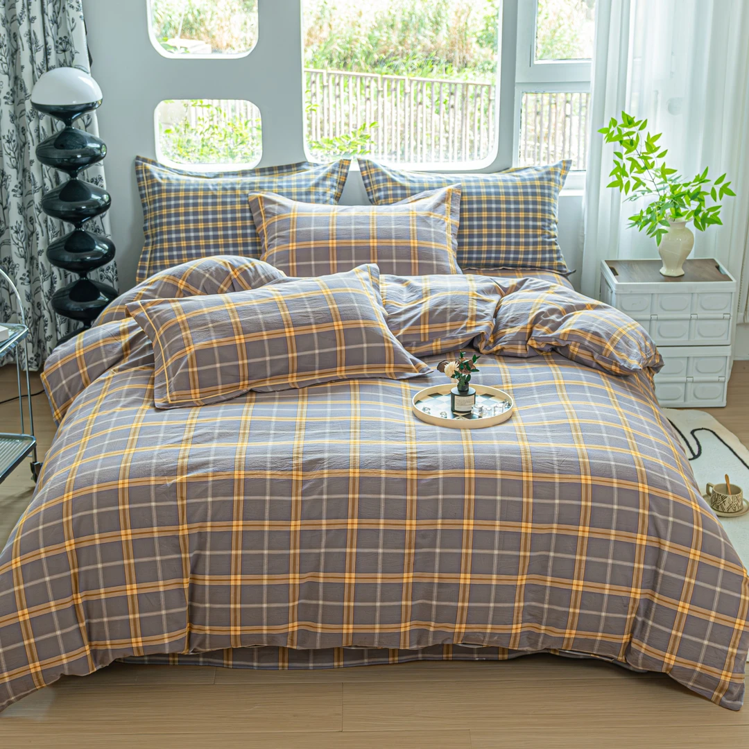 【爆款热卖】100%全棉色织水洗棉四件套轻奢简约柔软亲肤被套四件套