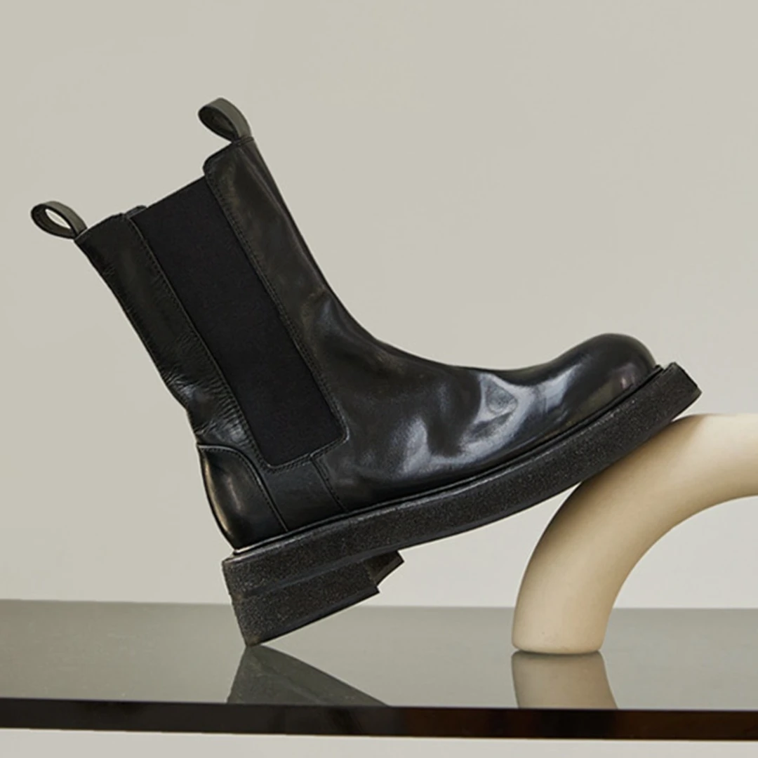 潮流植鞣皮女靴真皮短靴秋季厚底靴子女鞋切尔西靴百搭圆时尚秋冬