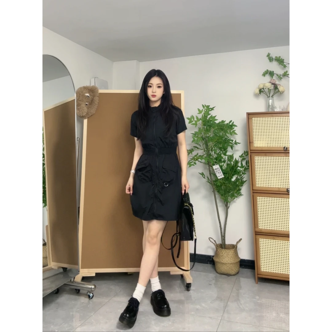 工装风修身显瘦连衣裙前中长拉链收腰显瘦宽松连衣裙