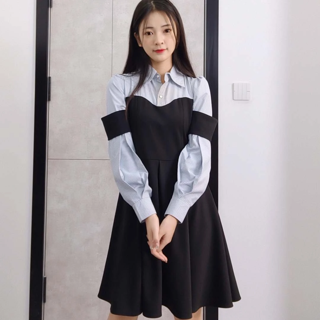 新款假两件拼接气质显瘦设计感衬衫领法式时尚收腰长袖黑白连衣裙