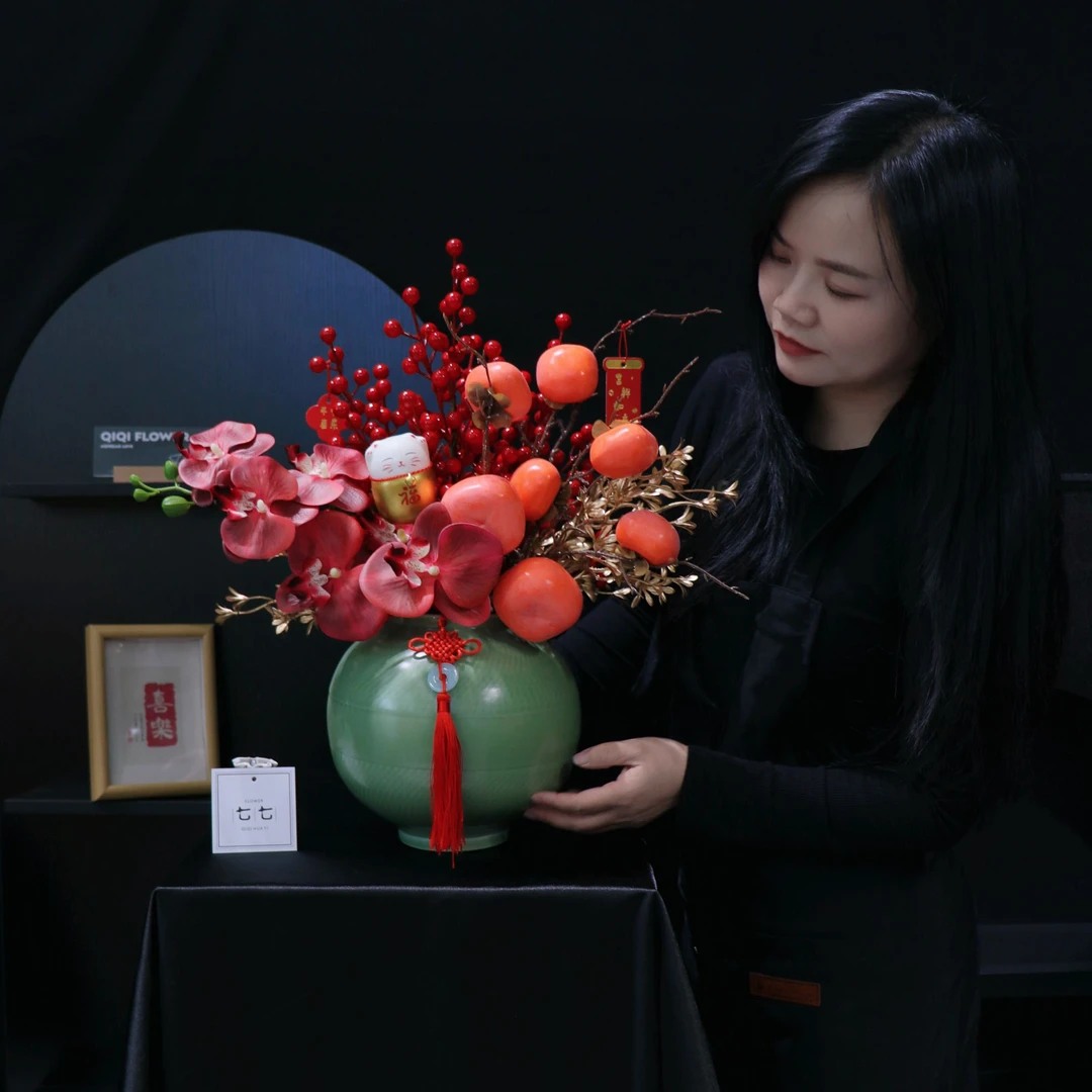 【材料包】景德镇陶瓷肌理感福桶年宵冬青红果金叶装饰材料包插花瓶