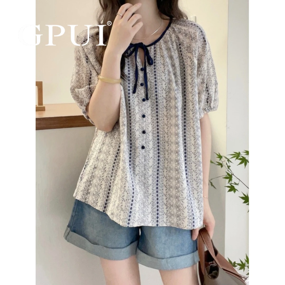 GPUI2024夏季高级感轻奢棉麻碎花短袖衬衫女大码胖mm遮肉显瘦上衣