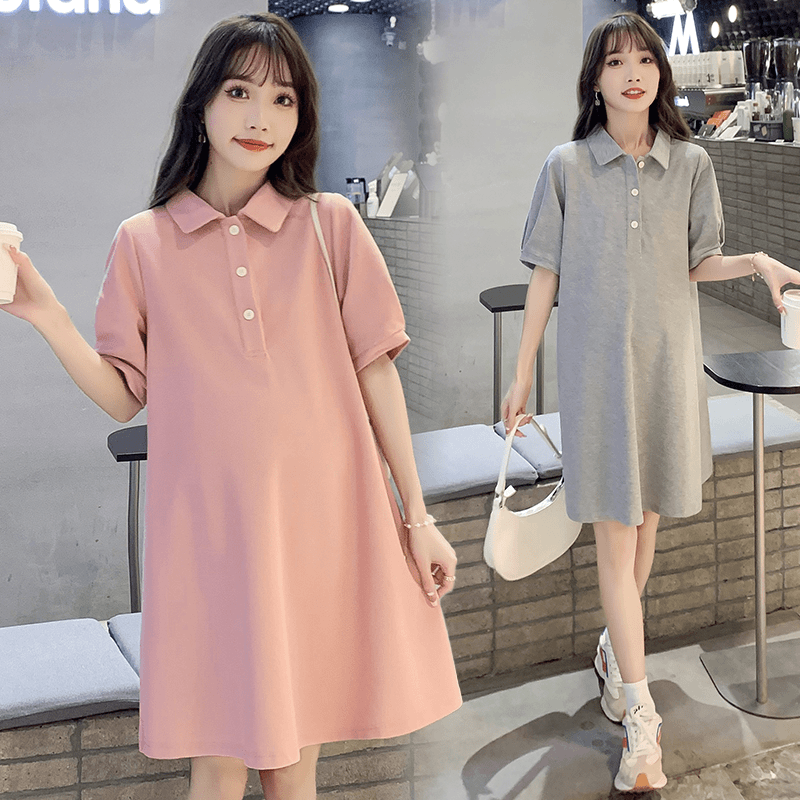 新款韩版中长款连衣裙夏装polo领减龄宽松大码时尚大码孕妇连衣裙