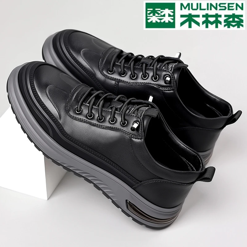 木林森男鞋2024秋季新款百搭休闲男真皮牛皮厚底软底运动厚底男鞋