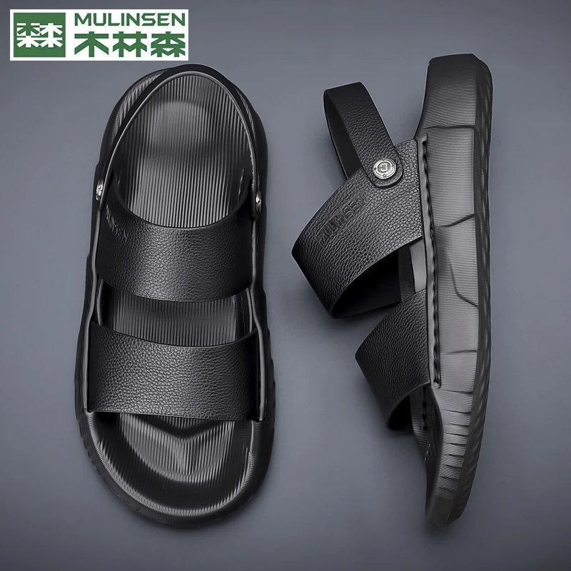 夏季新款韩版露趾头层牛皮软面外穿透气凉鞋套脚沙滩软底男鞋潮流