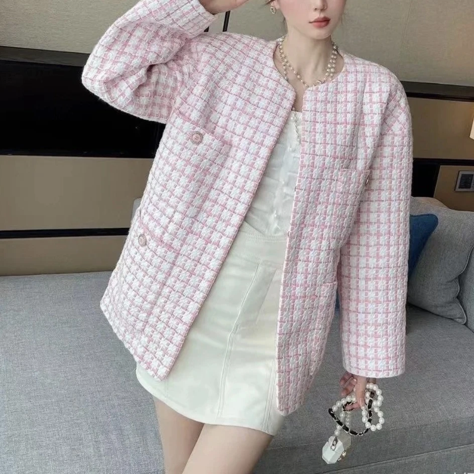 99新 Chanel/香奈儿 36码 粉色拼白色 编织软呢 格子 外套