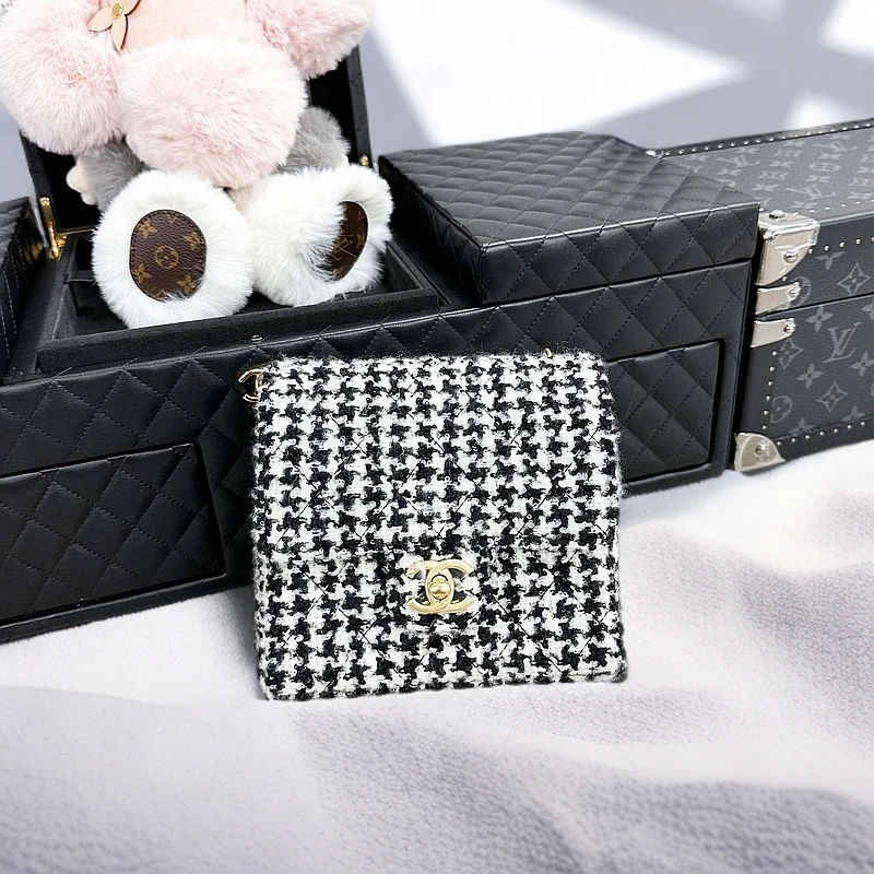 99新 Chanel/香奈儿 22K黑白千鸟格tweed方胖子链条包